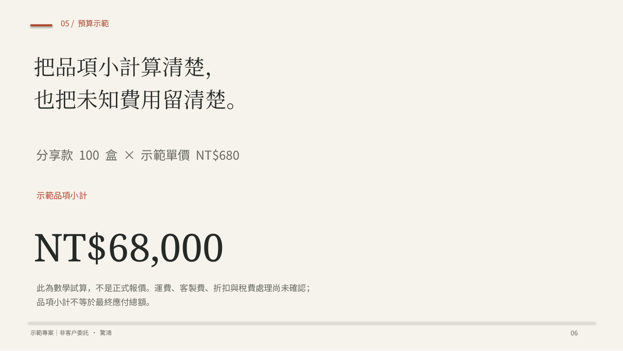 提案第6頁：把品項小計算清楚，也把未知費用留清楚。